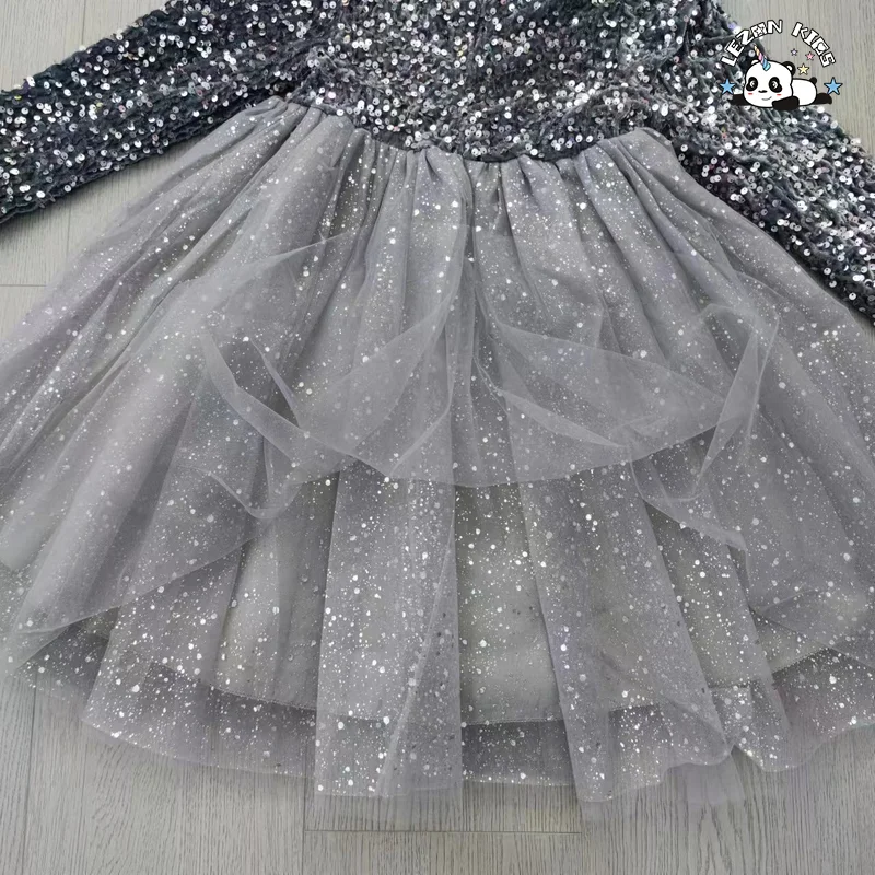 LEZONKIDS - Girls' Long Sleeve Sequin Princess Dress Tulle Poncho Casual Vintage Mini Style Deco Bow Plaid Pattern Dress
